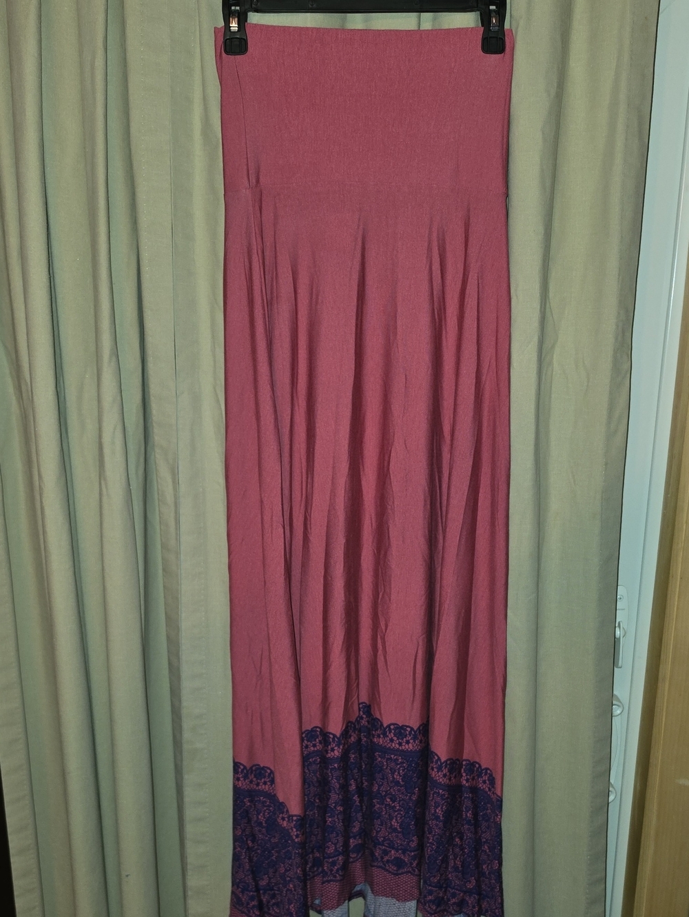 LuLaRoe Pink Maxi Skirt with Navy Lace Detail Dipped Bottom
